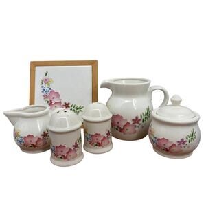 Vintage Ceramic 6-Piece Dish Floral Salt Pepper Shaker, Cream, Trivet, Sugar Set